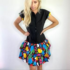 Vintage Black Multicolor Ruffle Dress
